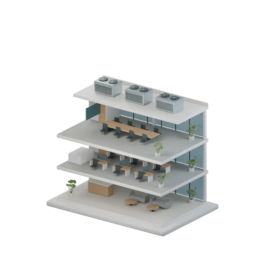 스크롤에 따라 층별로 펼쳐지는 건물과 공조 설비 3D 개념도
